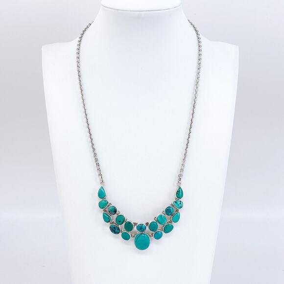 Vintage Sterling Silver 925 Turquoise Cluster Bib Necklace 15.5"-18.5" - Picture 1 of 5